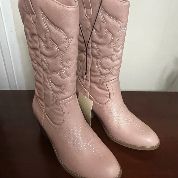 Cowgirl Boots pink faux leather Mid-Calf Stiching Western Low Stacked Heel - Picture 12 of 12